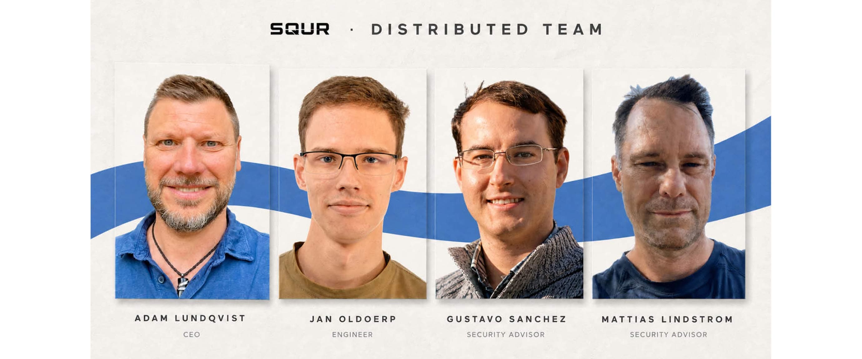 Graphic team overview of SQUR featuring four employee portraits with the displayed roles CEO, Engineer and Security Advisor.